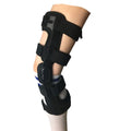 Black anterior ligament knee pad supporter showing side-specific sizing options.