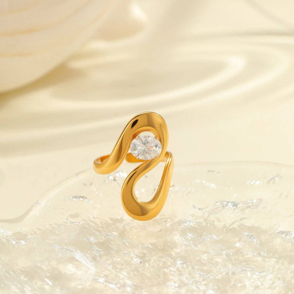 Women's stainless steel geometric ring with zircon stones and adjustable open mouth design