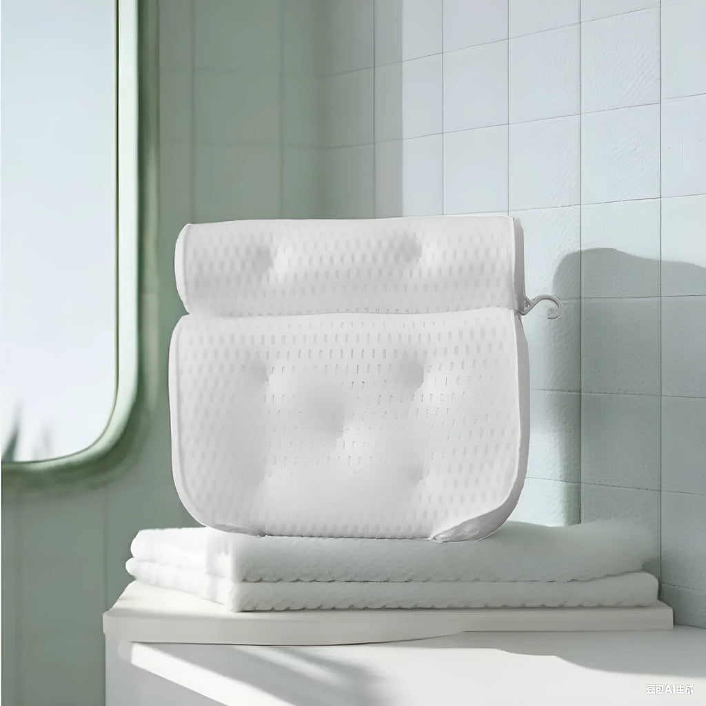 White bathtub pillow with suction cups on a 3D permeable surface, showing dimensions 37x34x10cm