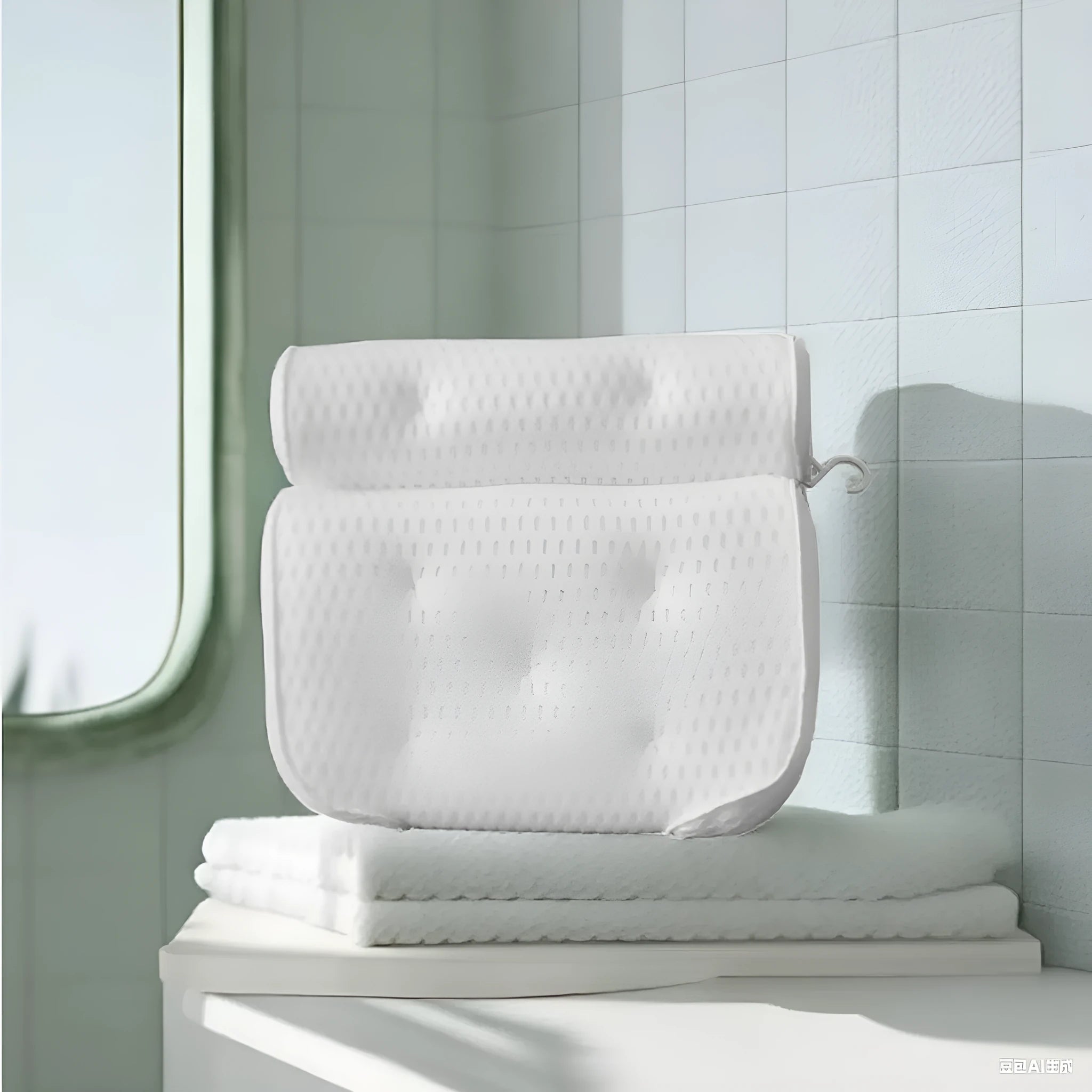 White bathtub pillow with suction cups on a 3D permeable surface, showing dimensions 37x34x10cm