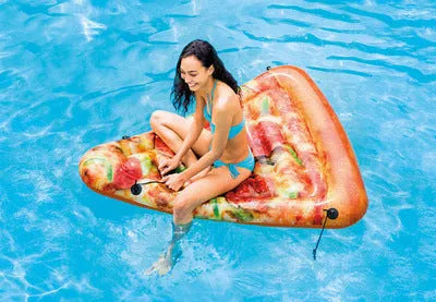 Large inflatable pizza-themed surfboard float on water, dimensions 175cm by 145cm.