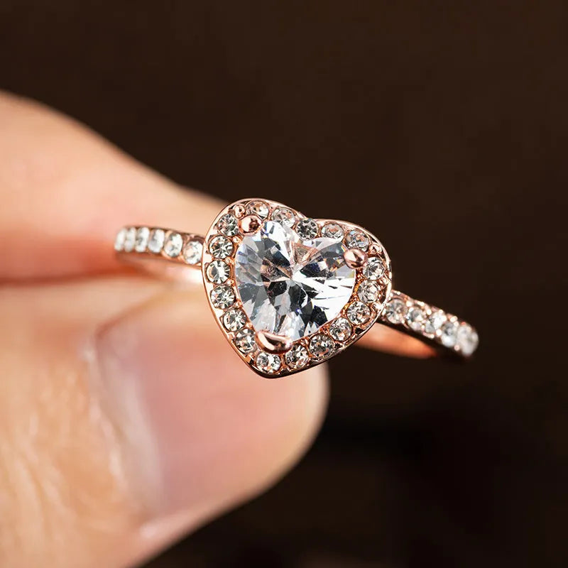 Heart-shaped crystal women's ring in rose gold or silvery electroplated finish