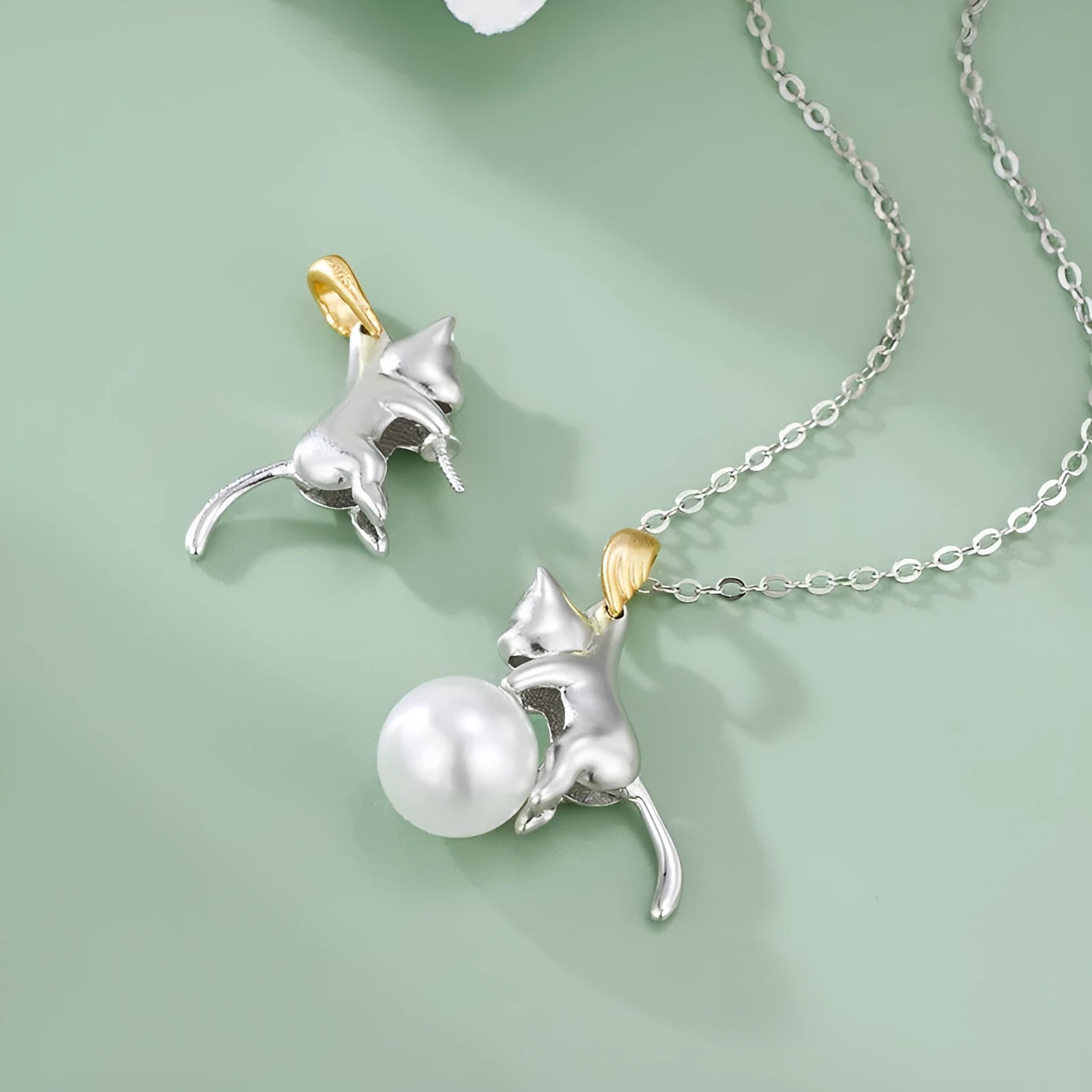925 sterling silver clavicle chain necklace with cat design elements and electroplated finish