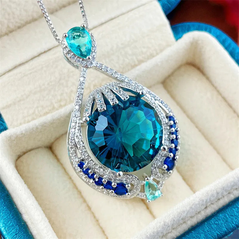 Simple blue fireworks cut crystal pendant necklace for women with water wave chain