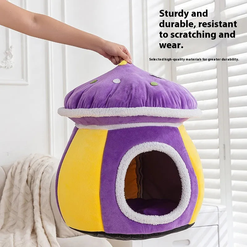 Plush grey mushroom-shaped cat bed with a detachable rabbit fur blanket inside.