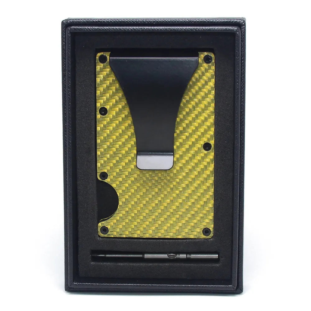 Geometric carbon fibre business card holder showing 8mm thickness with multiple colour finish options