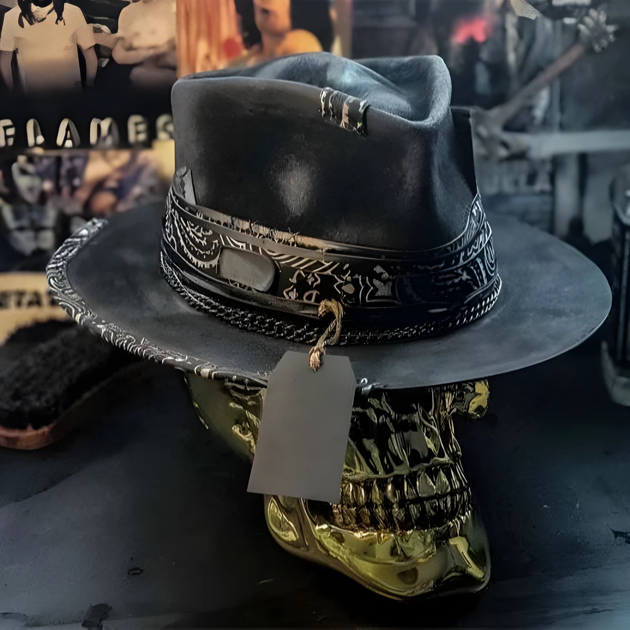 Handmade wool felt skull hat with a pointed conical crown on a neutral background