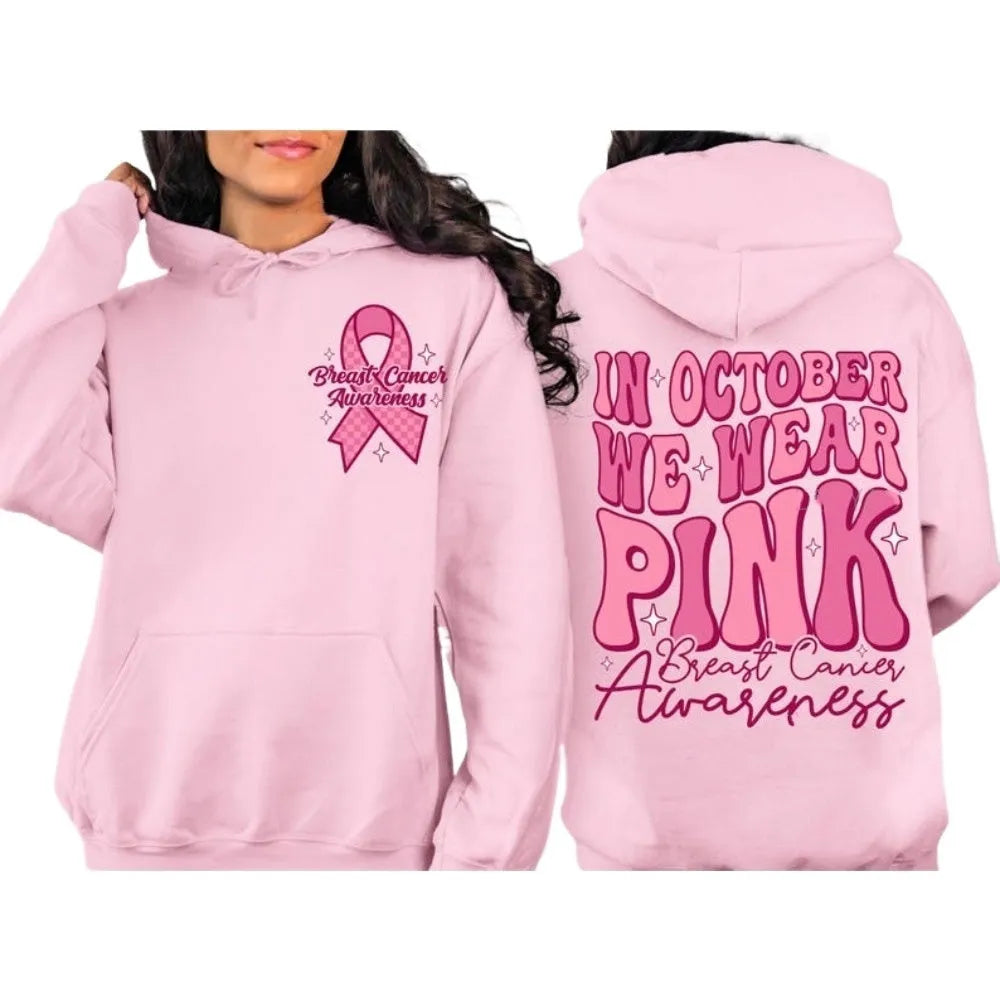 Breast Cancer Awareness pink ribbon retro print hoodie with side pocket