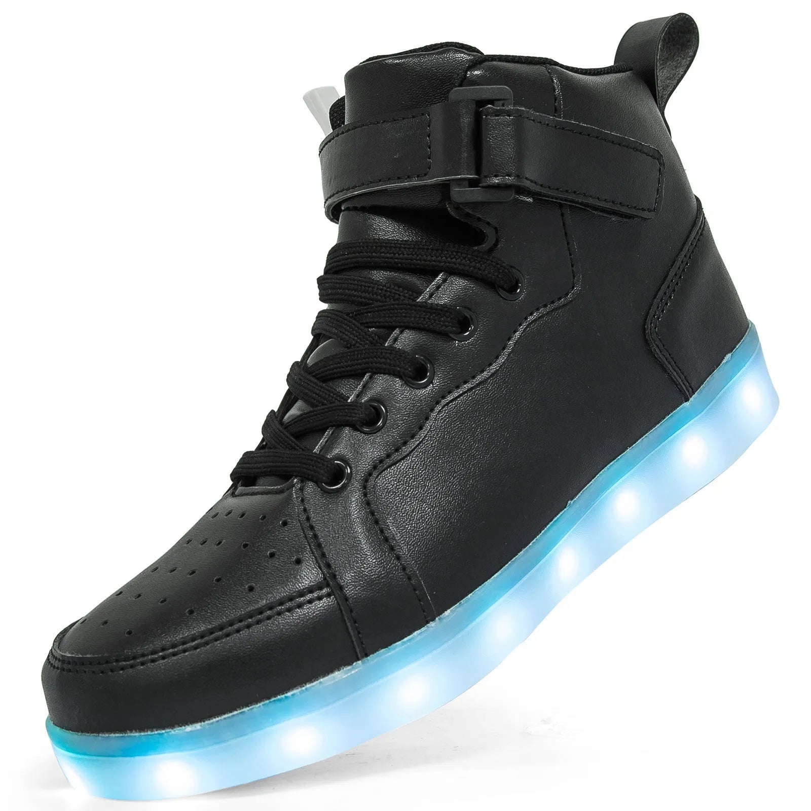 Light-up high-top board shoes with Velcro strap and rechargeable LED lights on display