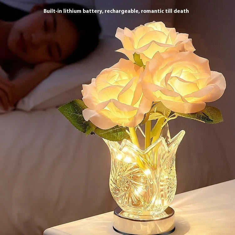Modern crystal flowers rechargeable touch control table lamp on a bedside table
