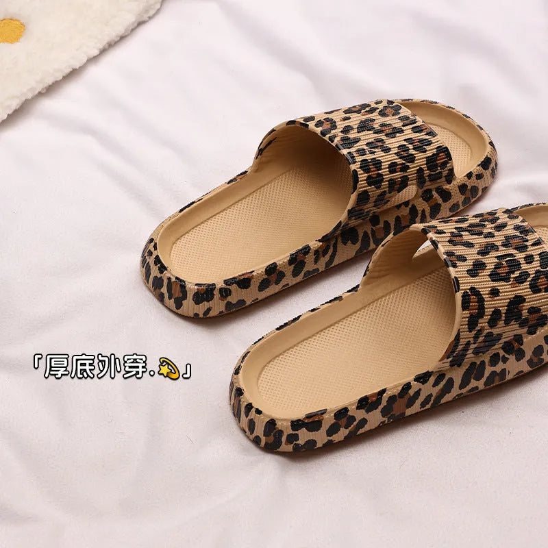Women's leopard print EVA slippers with thick sole showing multiple colour pattern options