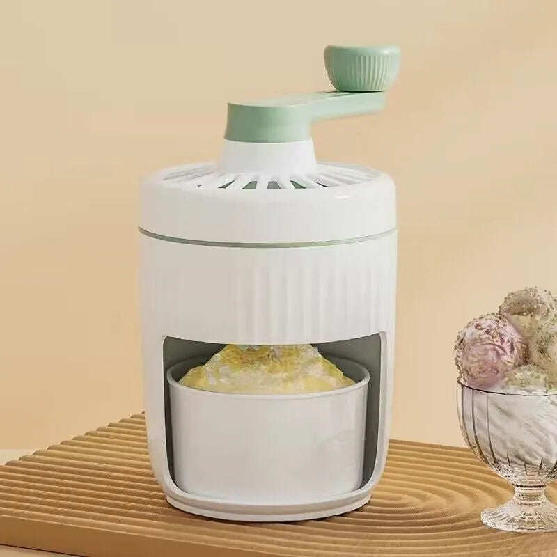 Hand-cranked ice shaving machine in green with removable ice box and ergonomic handle