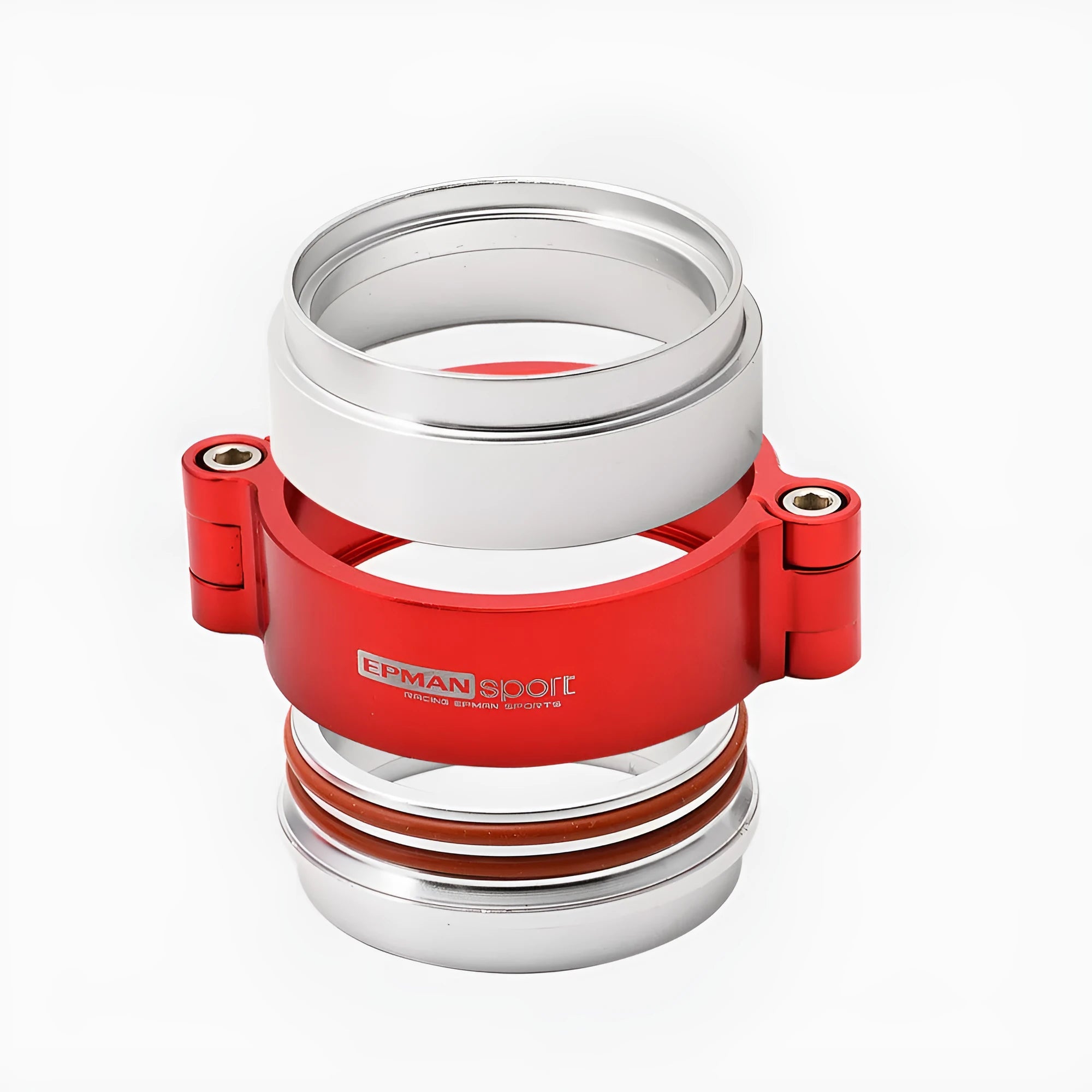 Aluminium fixed movement exhaust clamp for car turbine downspouts in black, blue, or red.