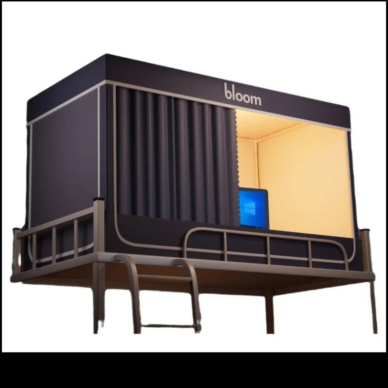 Grey integrated bed curtain and mosquito net installed on an upper bunk bed frame.