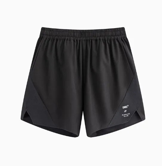 Men's black running shorts with laser-punched detail and four-point stitching on stretch spandex fabric.