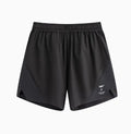 Men's black running shorts with laser-punched detail and four-point stitching on stretch spandex fabric.