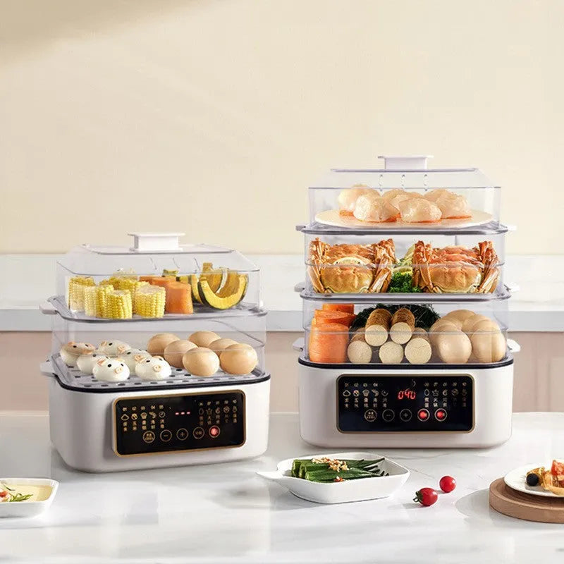 Stainless steel electric steamer with 28-litre capacity and steaming rack