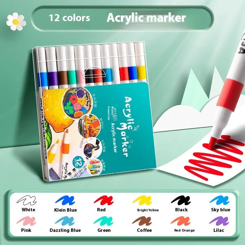 Box of acrylic marker pens for student colour painting showing multiple colour options