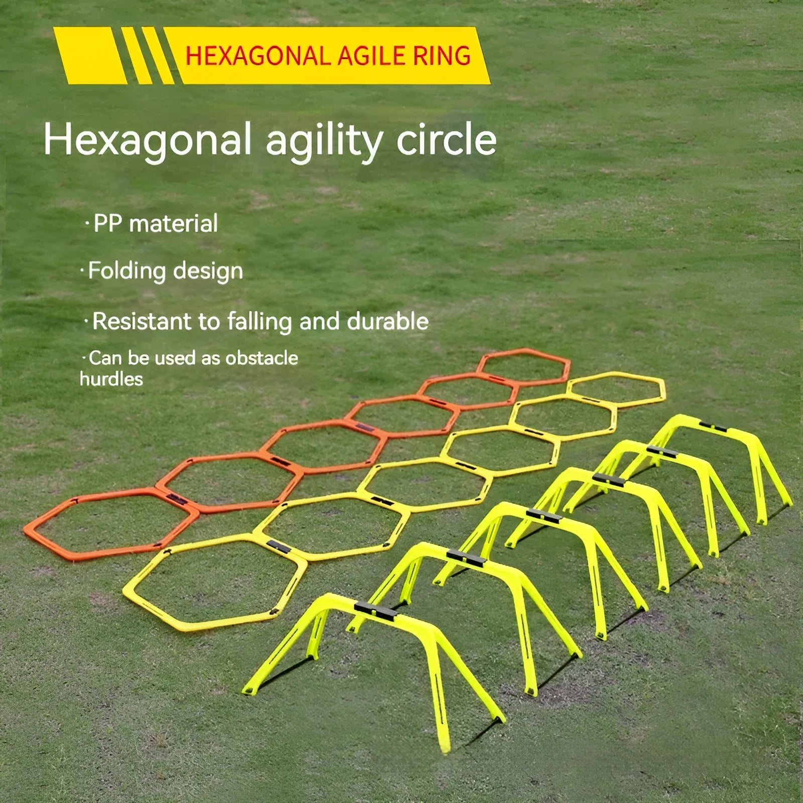 Six foldable hexagonal agility training rings in bright colours for football and basketball drills