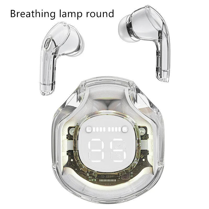 Transparent wireless Bluetooth in-ear headset shown in multiple colour options on a white background.