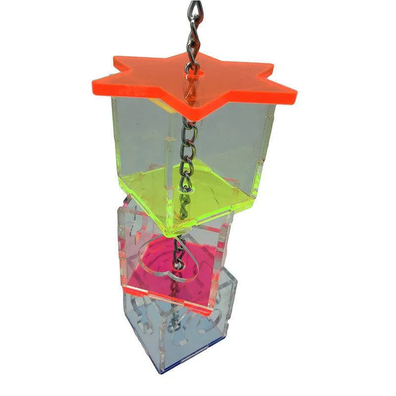 Clear acrylic parrot foraging toy with 5x5x32cm dimensions for bird enrichment