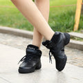 Square dance fitness shoes with black pigskin upper and rubber sole, soft sole design