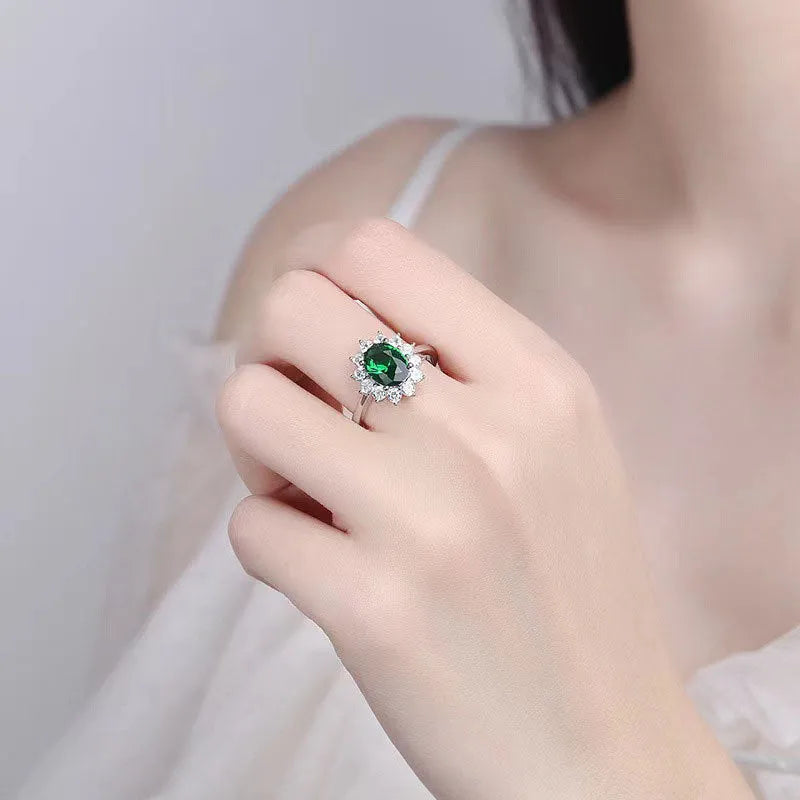 Women's floral copper ring with zirconium stones in green, blue, or red on a size 6-10 finger.