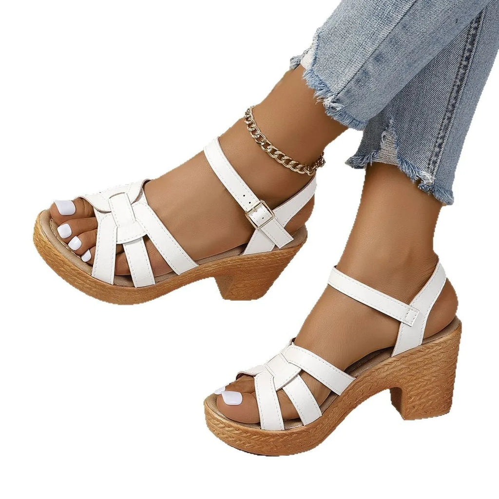 Plus size black women's peep toe sandals with chunky heel and ankle buckle strap.