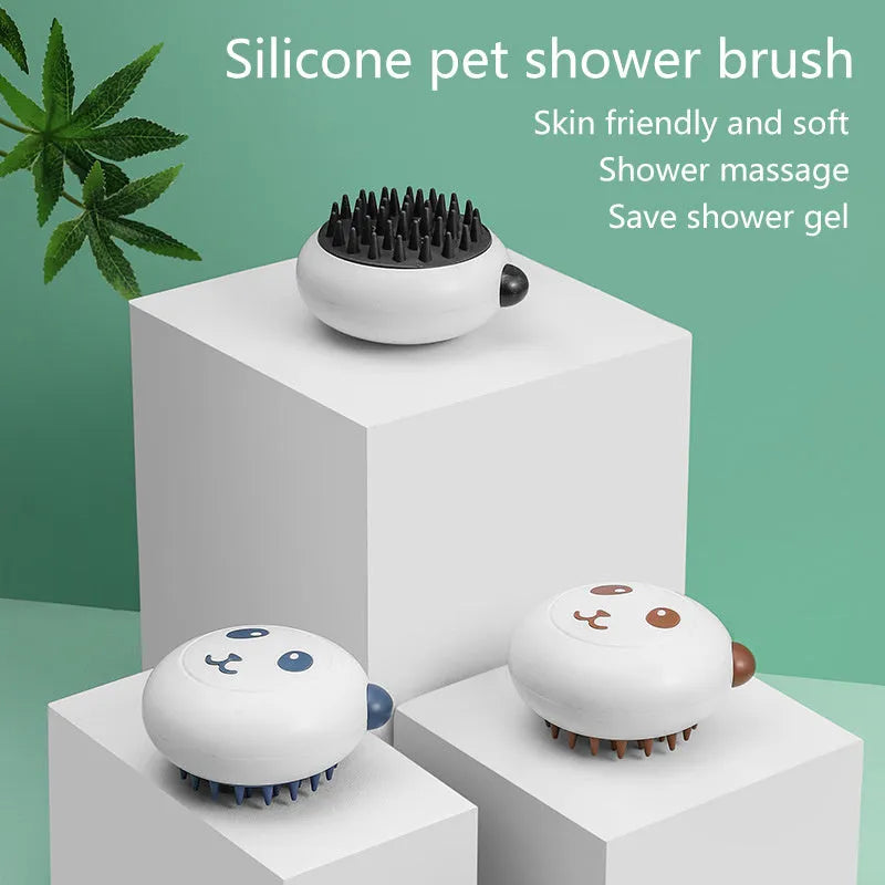 Panda silicone pet shower brush with integrated handle and soft bristles for bathing cats and dogs