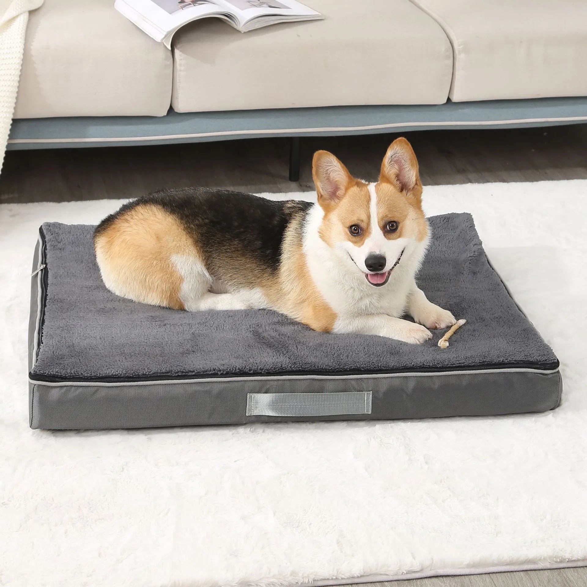 Brown removable washable memory sponge dog mat on a wooden floor