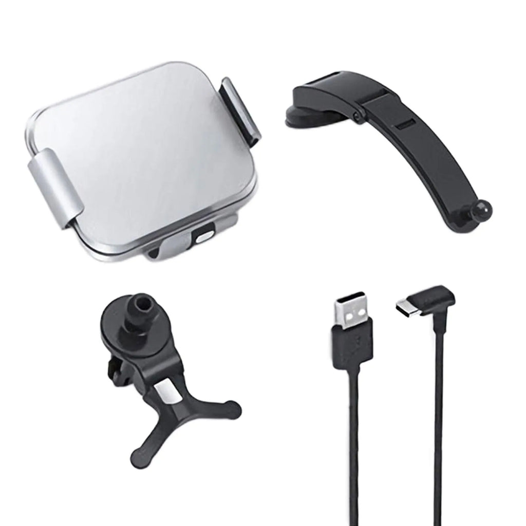 Grey wireless charging car phone holder with folding screen, air vent clip and suction cup mount