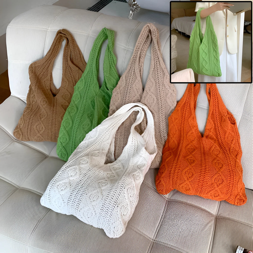 Retro hollow knitted polyester shoulder bag measuring 55cm by 37cm in solid colour with double straps