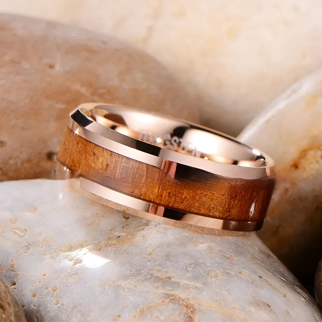 Tungsten ring with Ugyen wood and leather inlay in U-shaped 8mm band