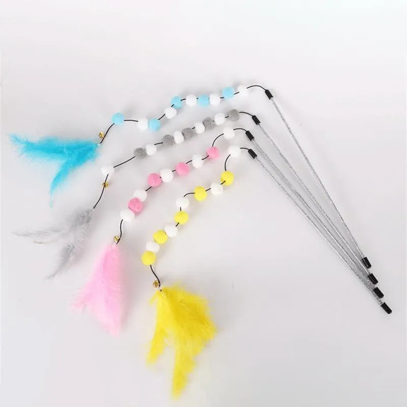 31cm long acrylic cat teaser toy rod with bell and pompon feather attachment in choice of colours