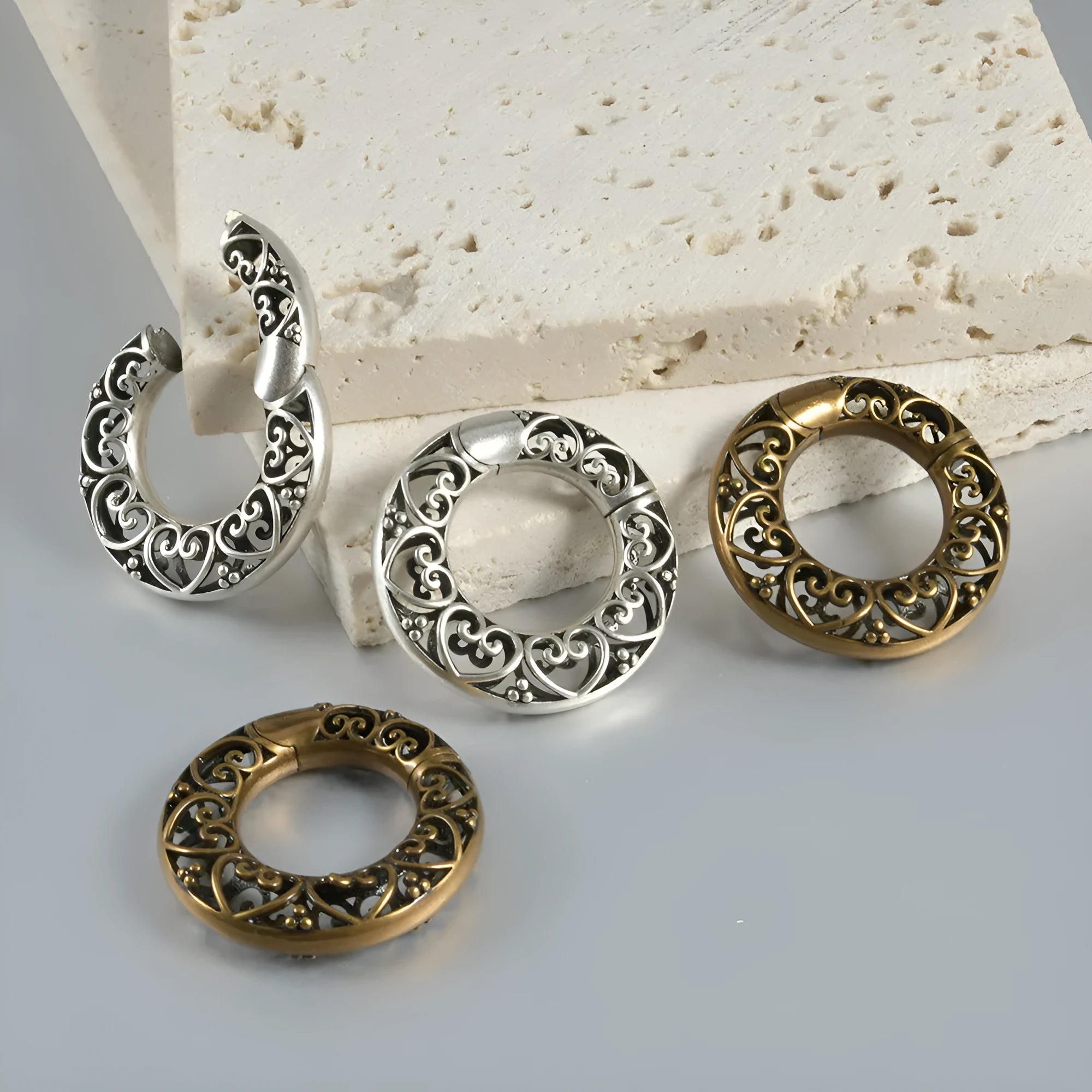 Retro magnetic clip earrings in heart or lotus shape with antique silver or gold finish