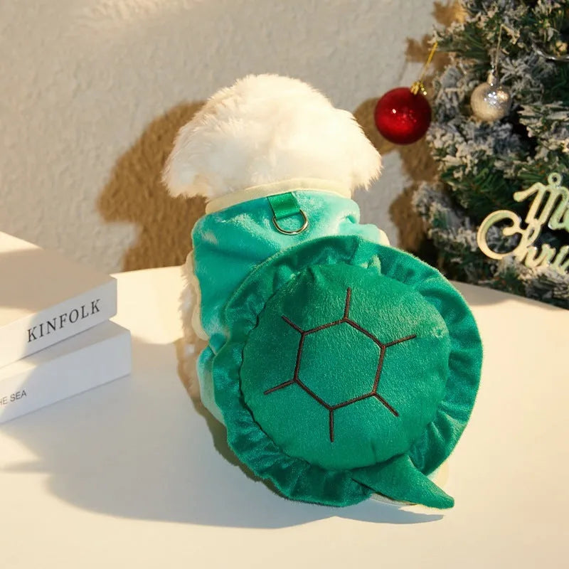Green flannel pet clothing with cute turtle design on a light background, available in multiple sizes