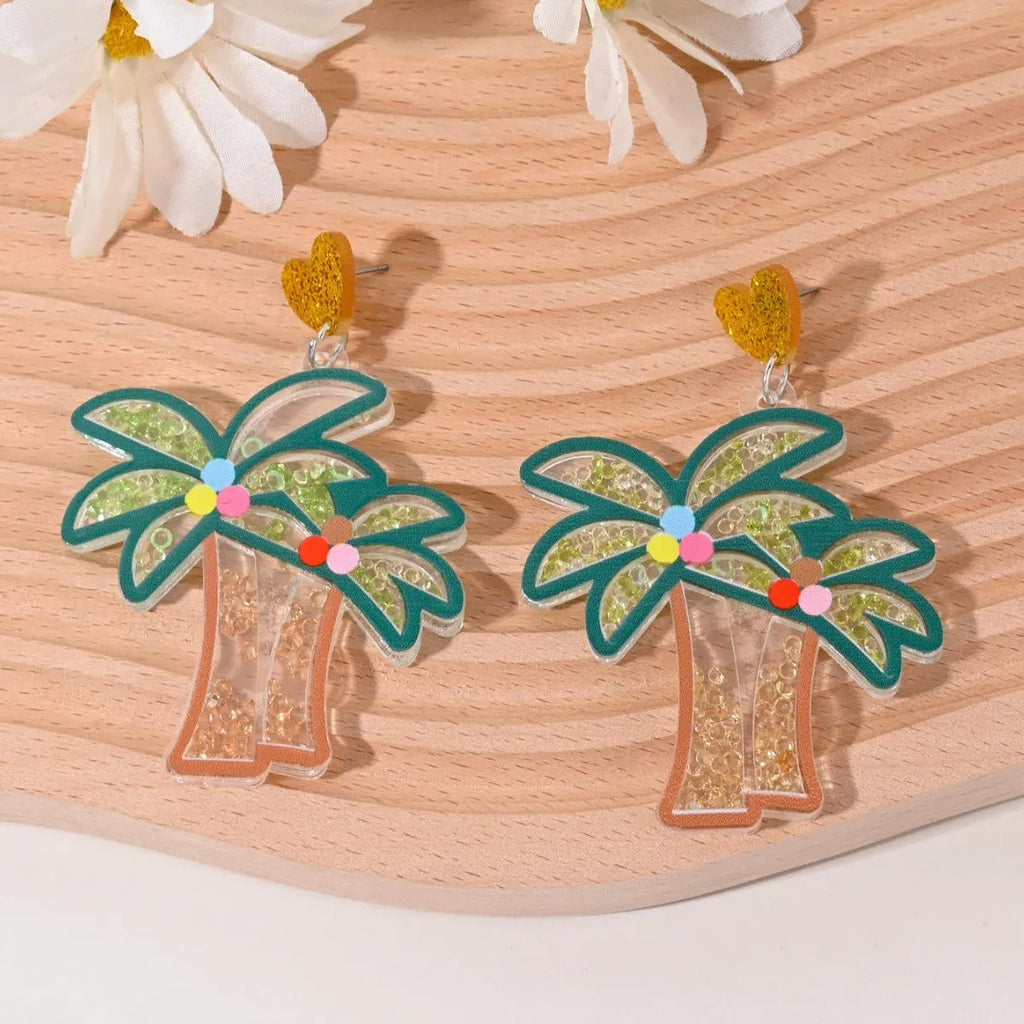 Colourful acrylic earrings with cherry, strawberry, watermelon, pineapple, coconut tree, cake, and ice cream designs for women.