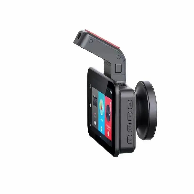 3-inch screen dual lens car dashboard camera DVR with front and rear cameras on a car dashboard.