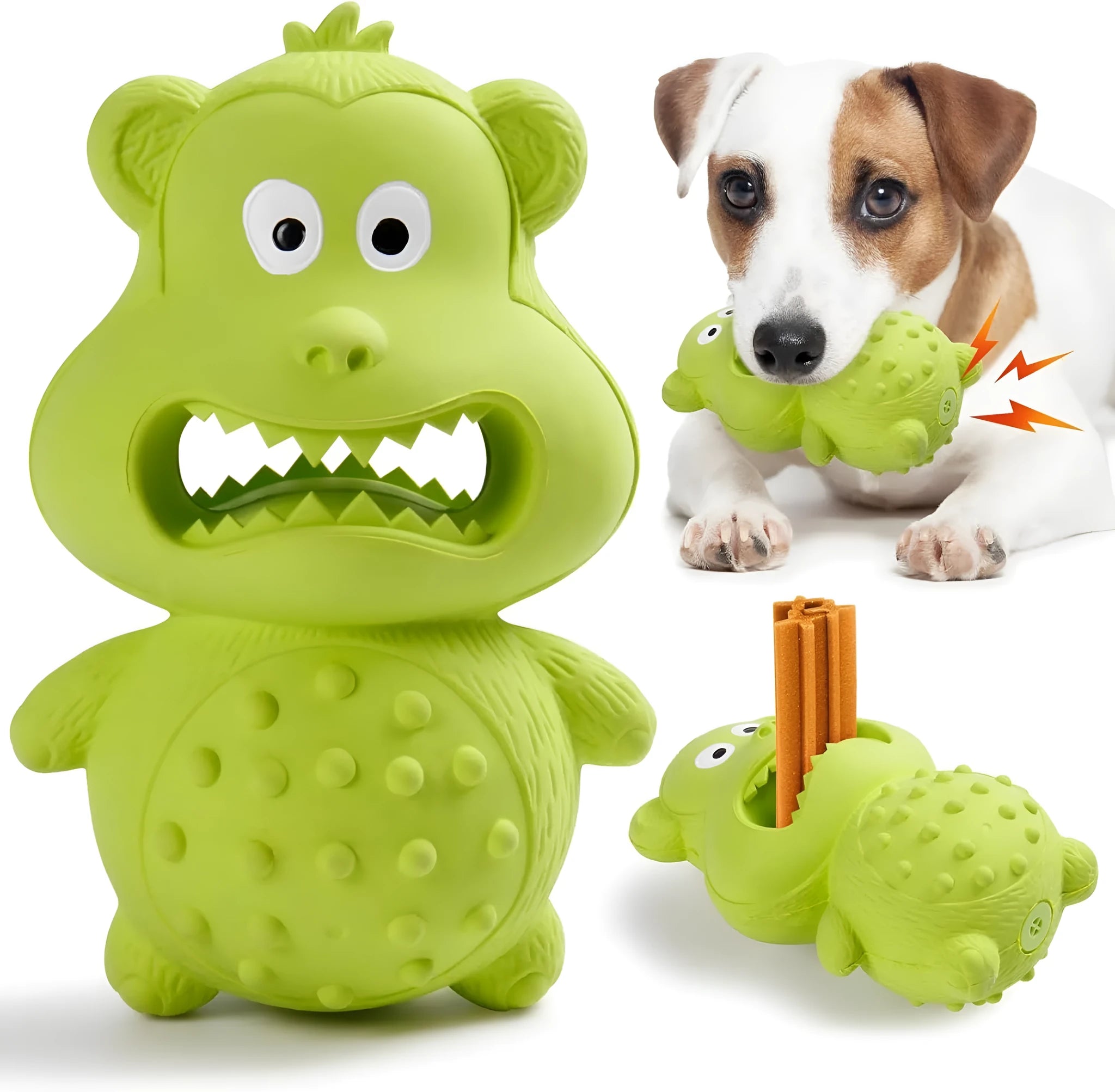 Green and yellow natural rubber chew toy for large breed aggressive dogs on a wooden floor.