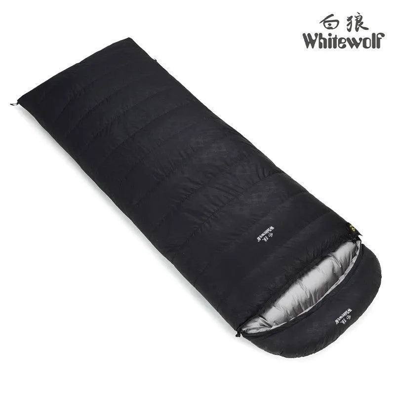 Black outdoor sleeping bag with goose down filler and envelope structure for adult camping use