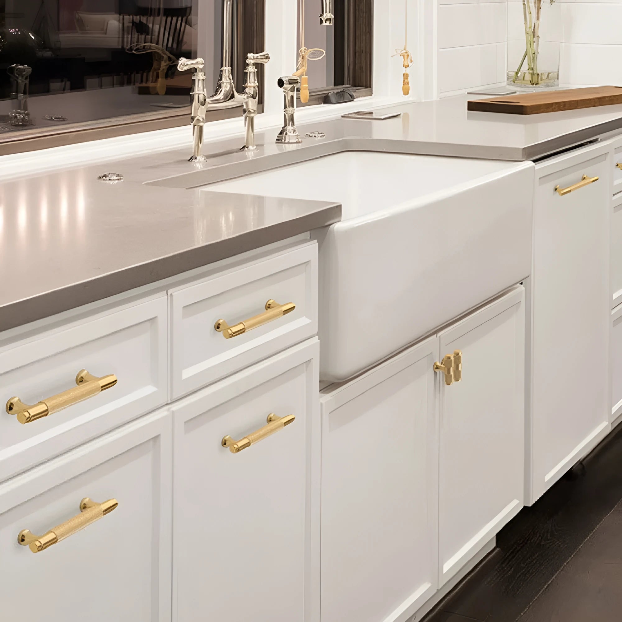 Brushed brass aluminium wardrobe handle in modern European style on a white background.