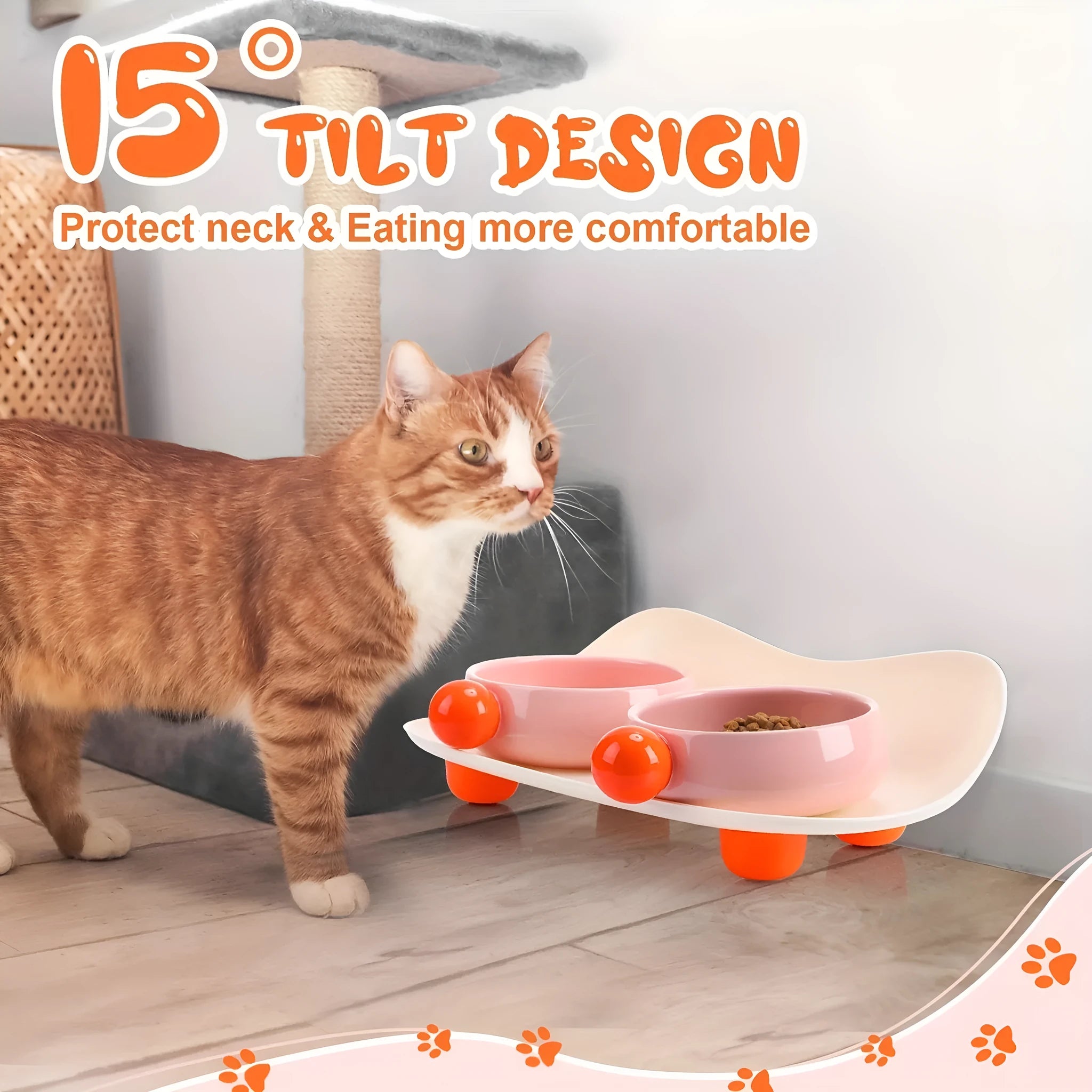 Elevated ceramic pet bowl set in pink with two bowls on a non-slip raised platform.