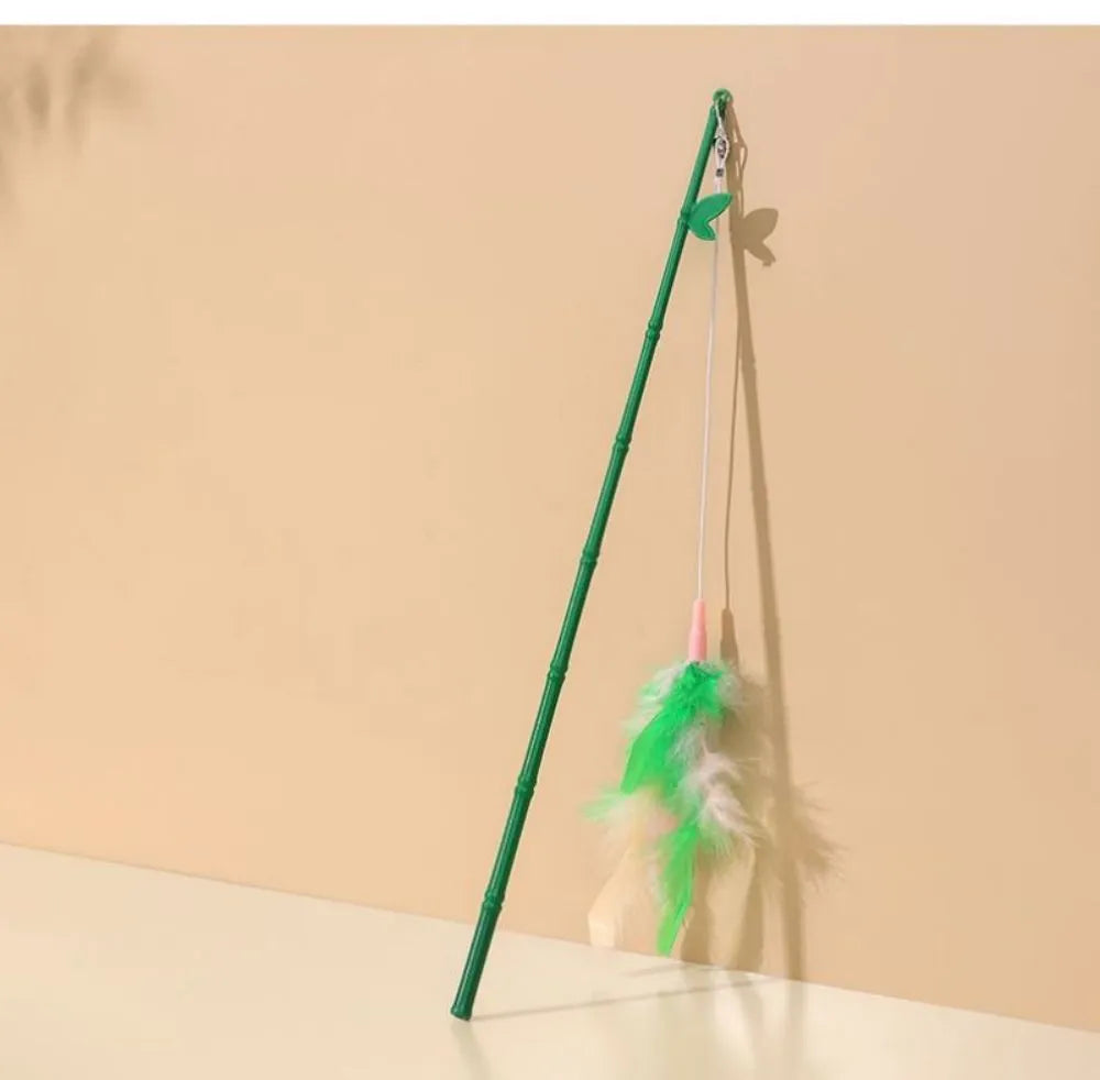 Green interactive cat feather wand toy with bell and colourful refill feathers