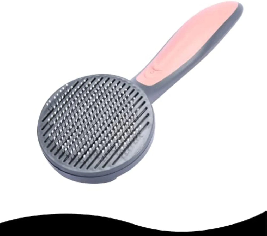 Self-cleaning pet slicker brush with one-click button and massage-tip bristles in grey, green or pink colour options