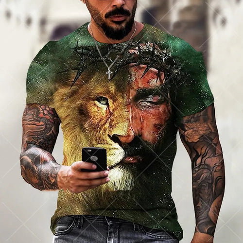Men's 3D printed Jesus pattern T-shirt in bird eye cloth polyester with short sleeves