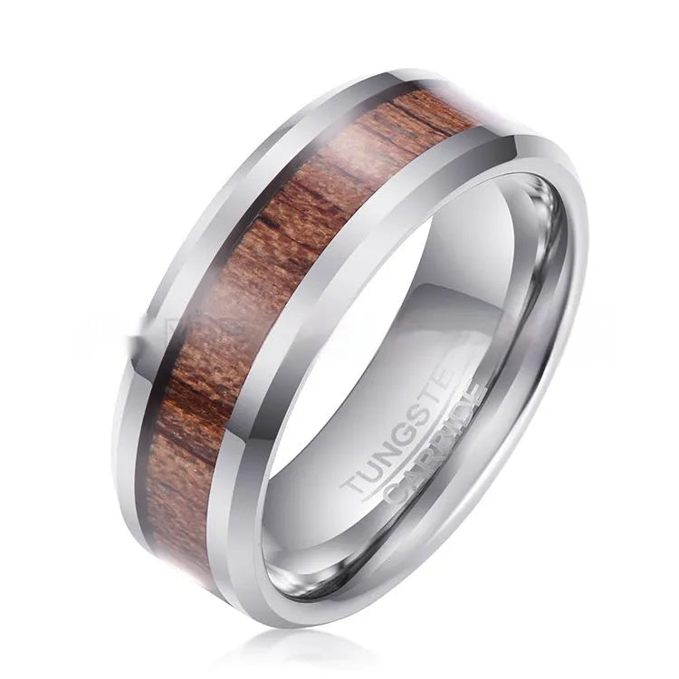 Tungsten ring with Ugyen wood and leather inlay in U-shaped 8mm band
