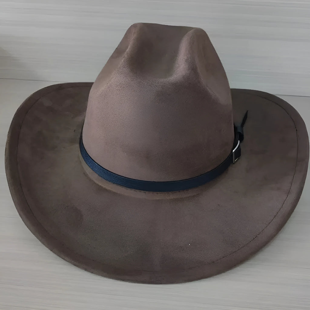 Curved edge Western cowboy hat in leather velvet with conical crown style
