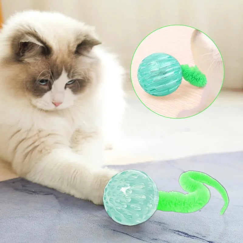 Interactive cat ball toy with flexible plush tail attached to bouncy TPR ball