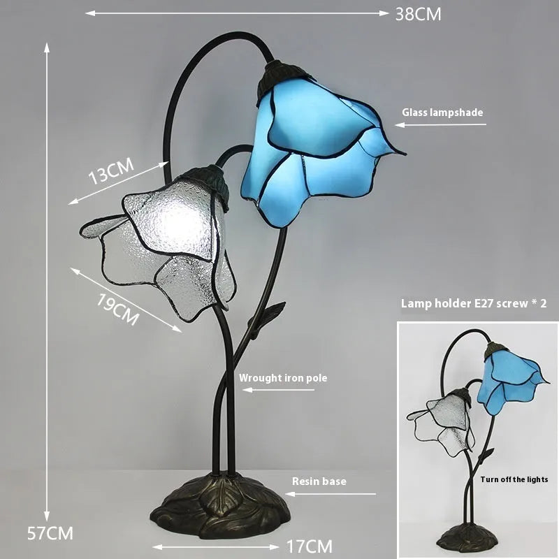 Retro American glass lotus desk lamp with double head pink shade on table
