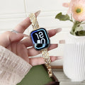 Zinc alloy Apple Watch compatible strap in silver, rose gold, gold, black, and Starlight colour options.
